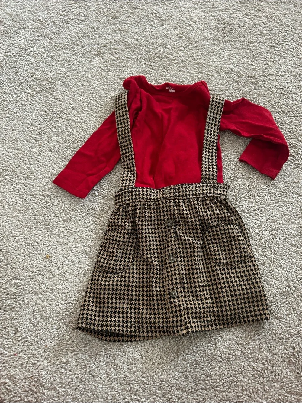 Carters 18 Month Red Long Sleeve Top and Houndstooth Pinafore Dress Set